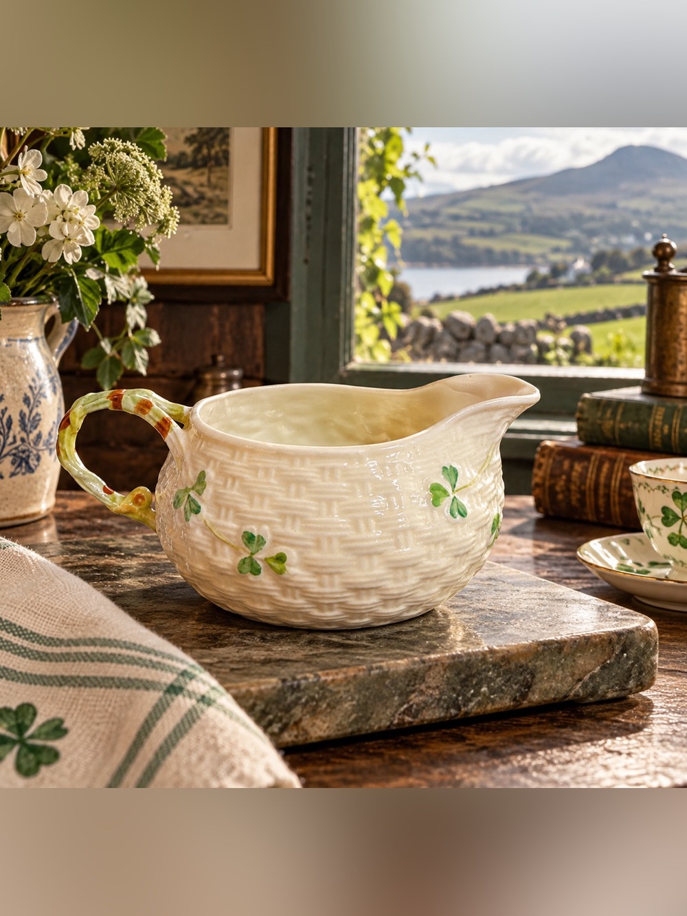 Vintage Belleek Ireland Shamrock Basketweave Creamer Pitcher 7th Gold Mark